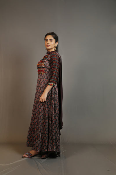 Ajrakh Modal Silk Dress With Knotted Dupatta